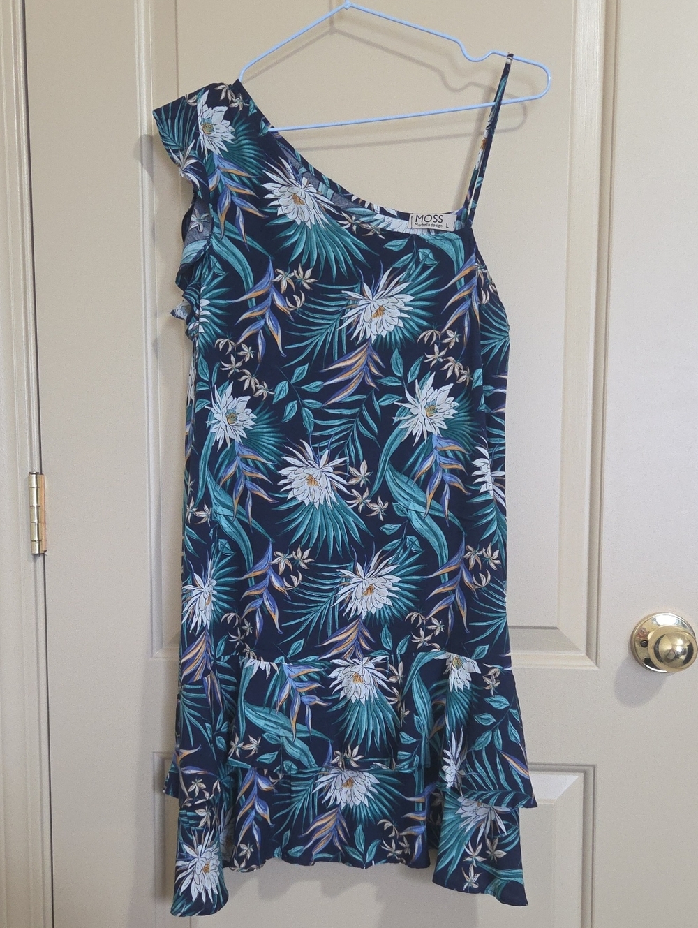 Moss Marbella Design One-Shoulder Floral Print Navy Dress